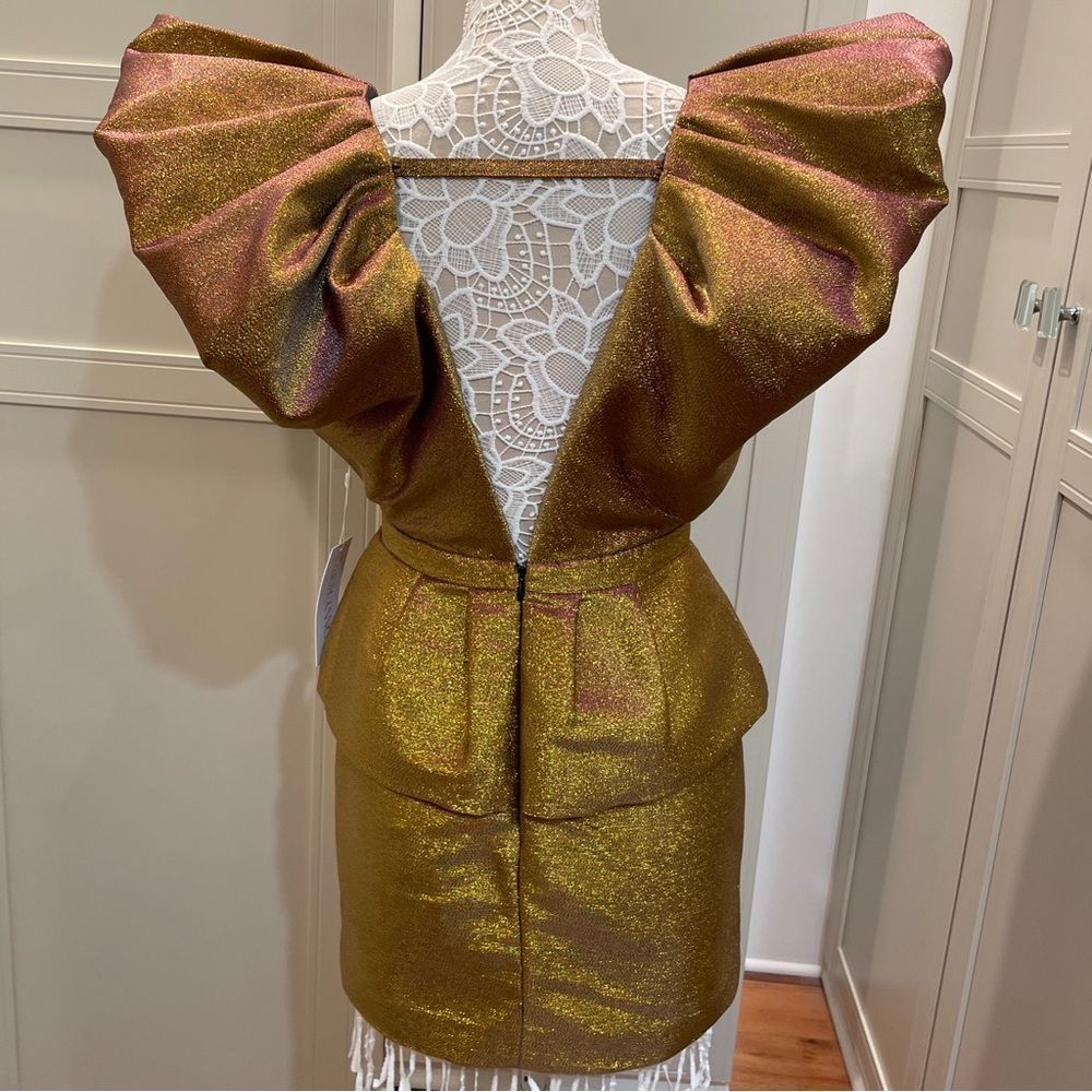RONNY KOBO Calin Metallic Puffed Shoulders Iridescent Lame Tiered Mini Dress NWT - Picture 11 of 16